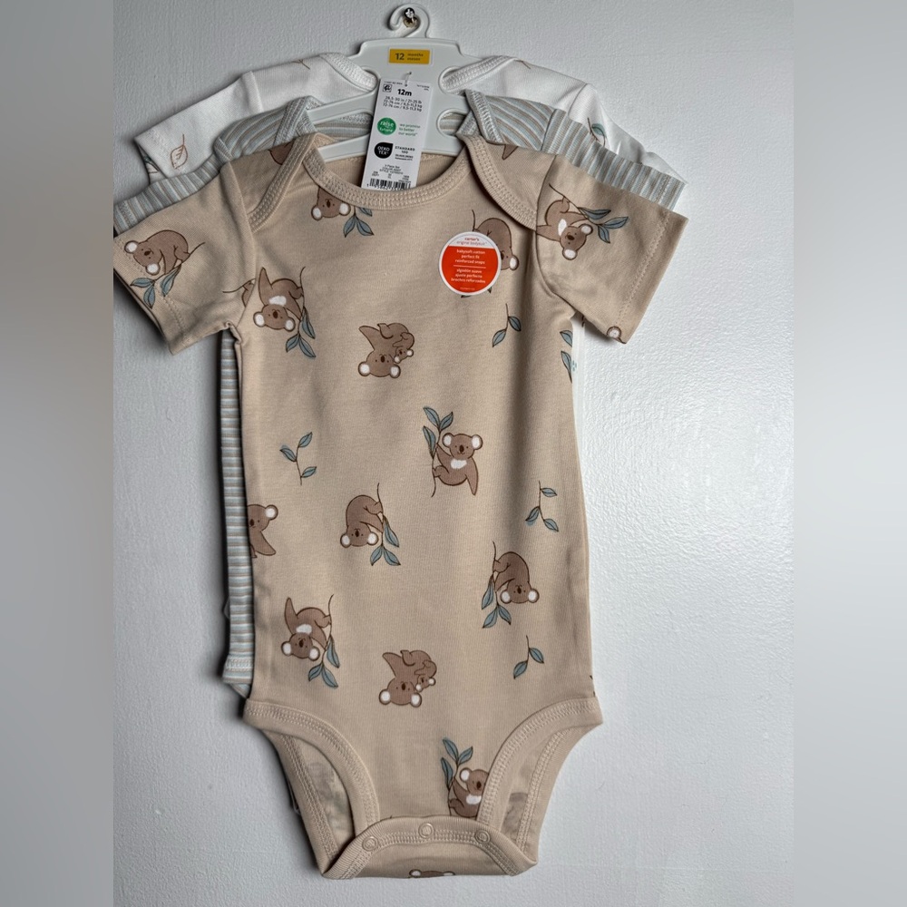 Carter's Baby Boy Bodysuit soft Cotton Perfect Fit Snaps 3 Piece Size 12 New